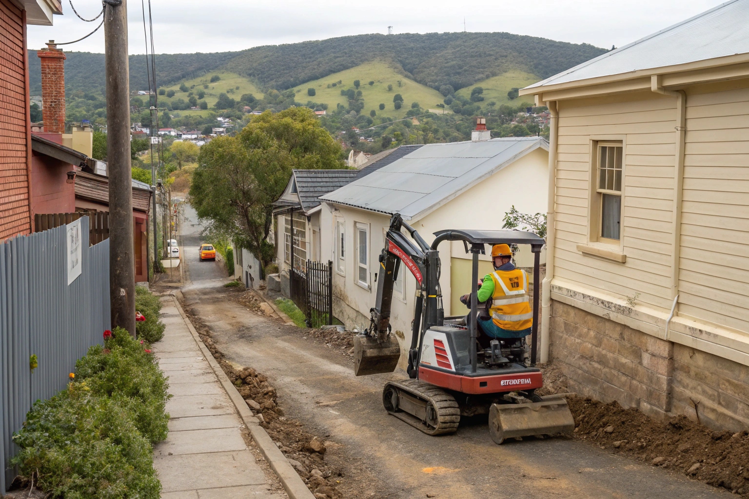 Specialised compact demolition equipment accessing narrow Sandy Bay residential street