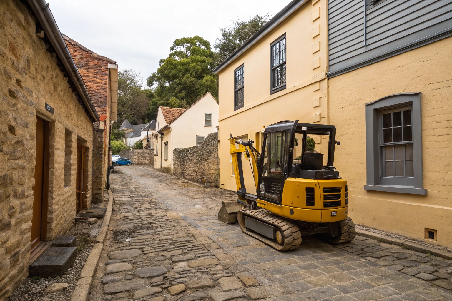 Compact demolition excavator navigating narrow heritage streets Battery Point, Tasmania
