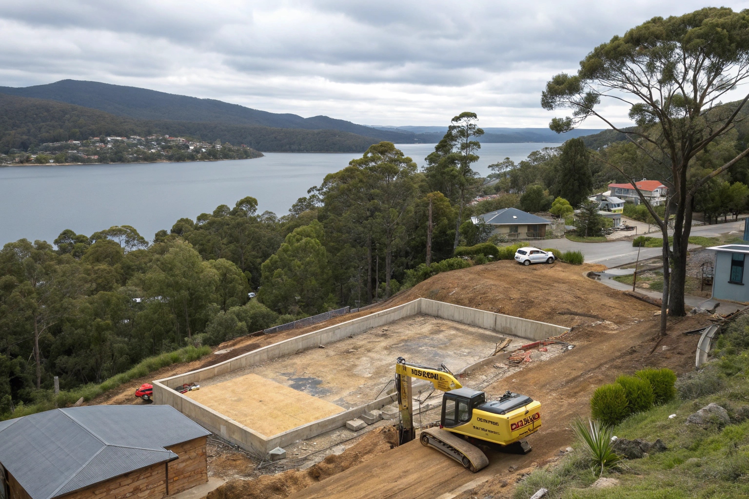 Demolition site preparation Geilston Bay with Derwent River views, eastern shore, Tasmania
