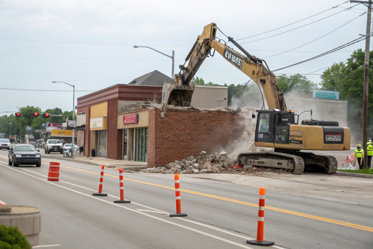 Commercial building demolition on Main Road, Claremont, with proper safety measures
