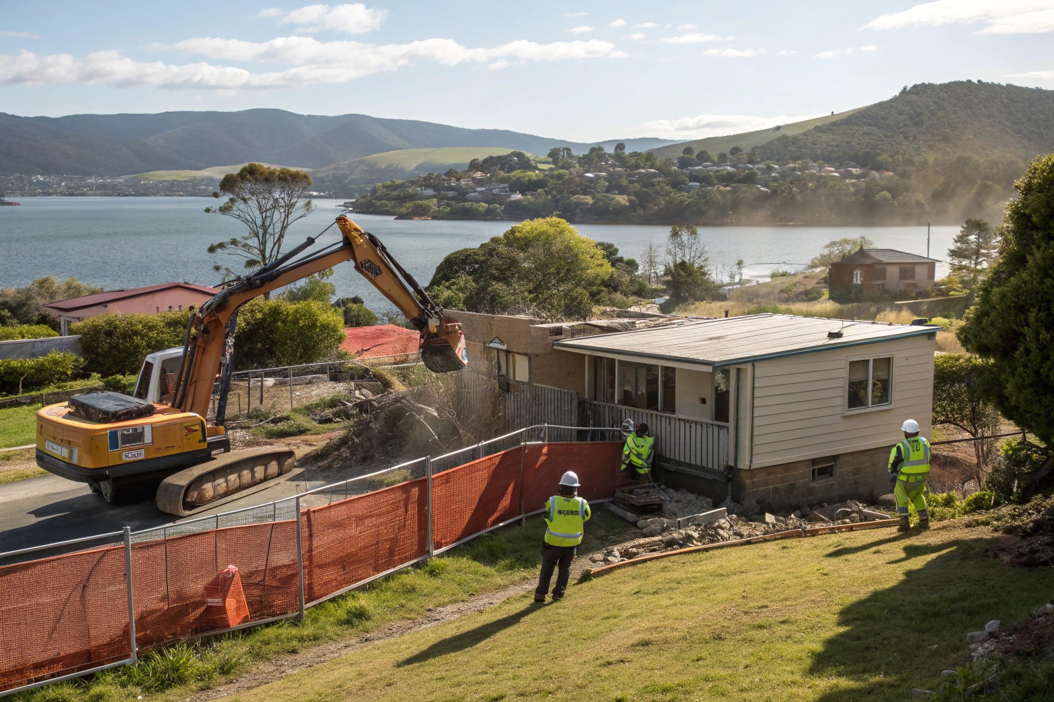 Professional demolition team safely removing fibro home in Lindisfarne TAS with eastern shore views