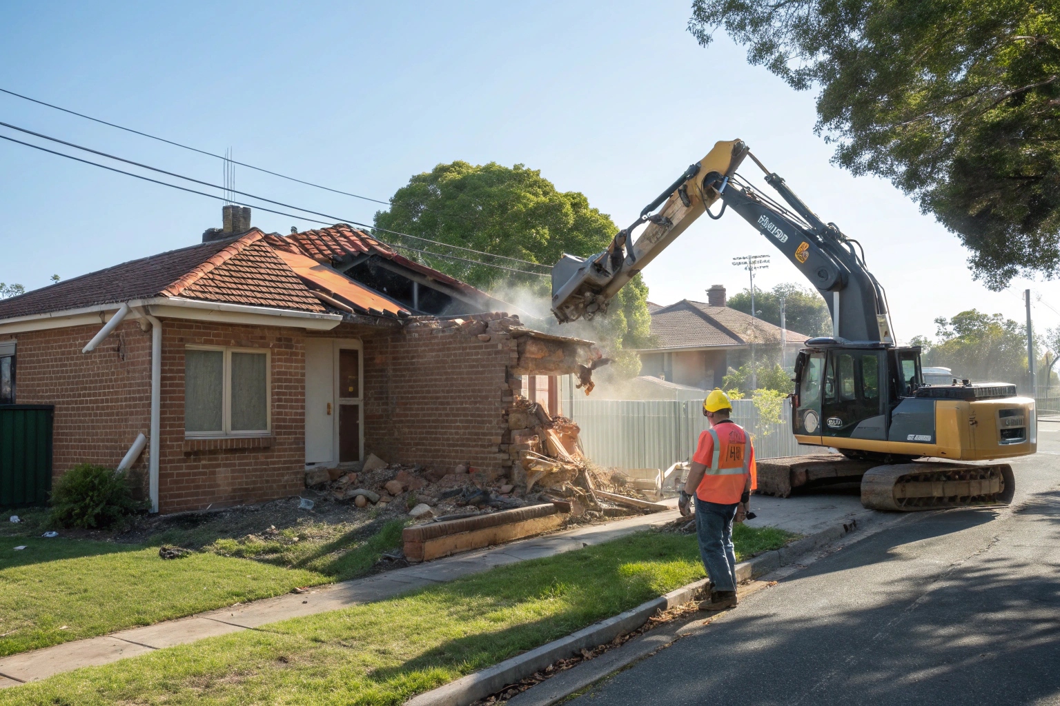 Professional demolition crew working on Taroona heritage home renovation with safety equipment