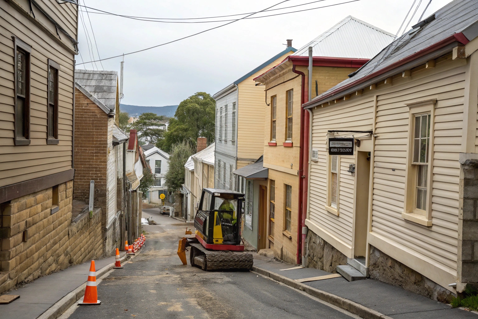 Demolition equipment, narrow street access, South Hobart heritage precinct